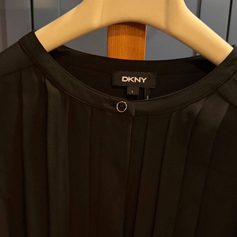 DKNY Black Sheer Blouse with pleated tuxedo front.